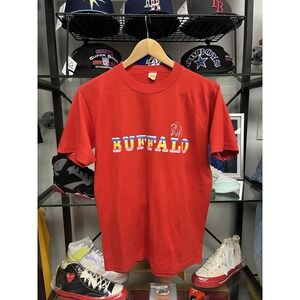 Vintage 1980s Buffalo Rainbow Spell Out Red Velva Sheen T Shirt Size Medium